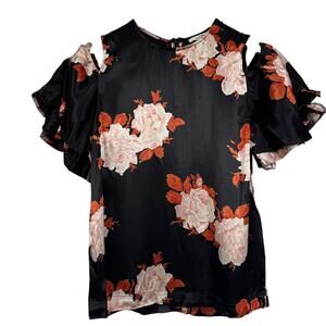 Ganni Cold Shoulder Floral Satin Ruffle Sleeve Blouse Size XS